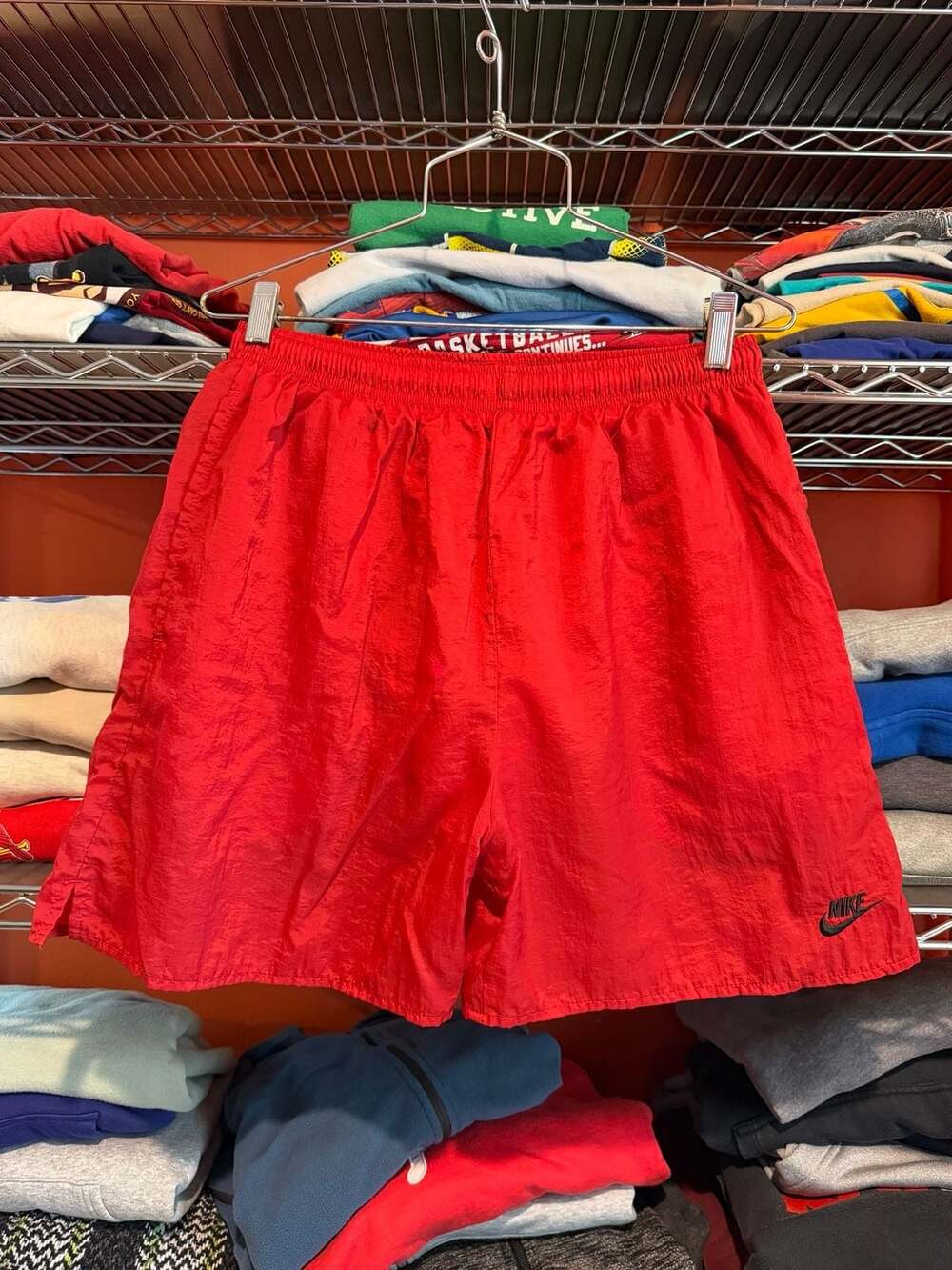 Vintage 90s Nike Red Nylon Windbreaker Shorts with Big Swoosh Mens Medium